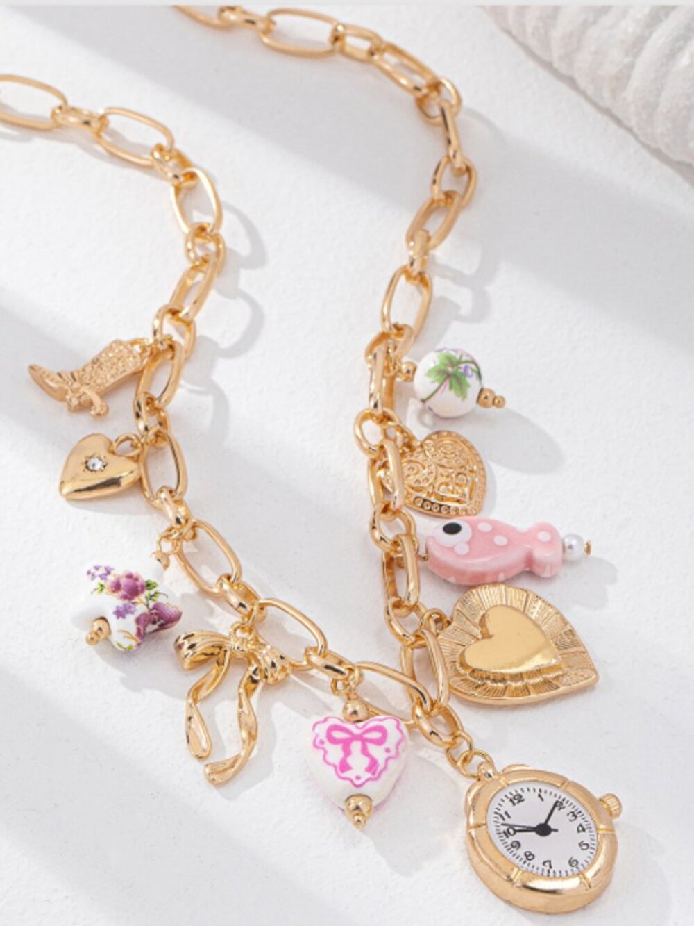 Free People Gold Charm Necklace Faux Clock Cowboy Boot Floral Coquette